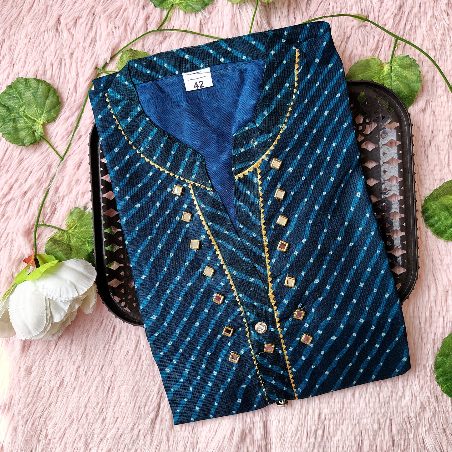 K101 Peacock blue lehriya kurti