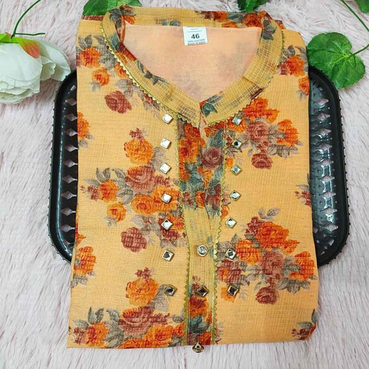 K107 Cream Orange Floral Kurti