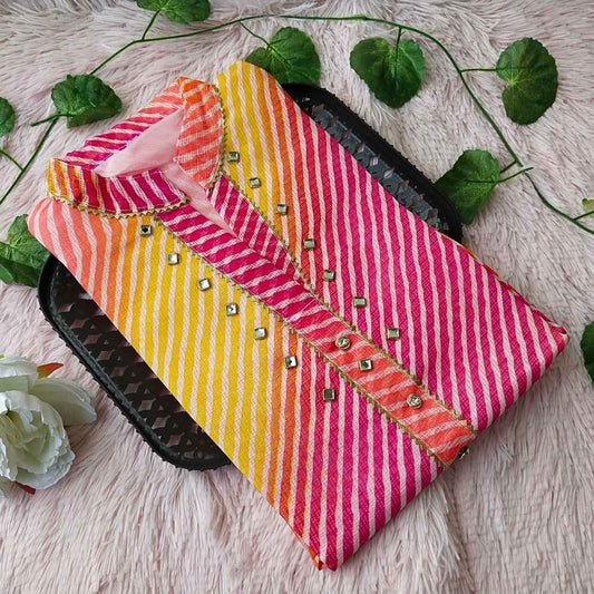 K131 Yellow Pink Lehriya Kurti