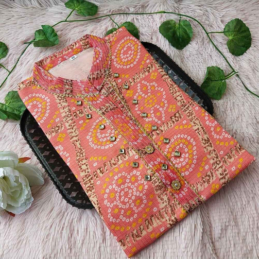 45 Peach Checks Bandhini Kurti