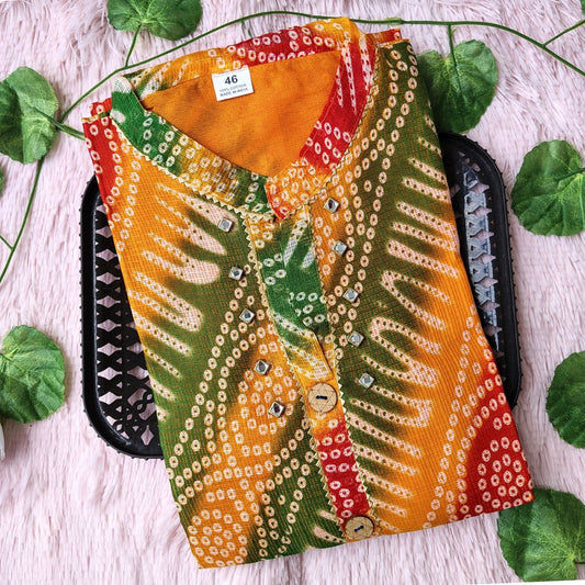 K0090  Yellow multi Bandhini kurti