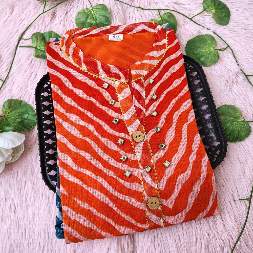 K01 Orange blue dual Lehriya kurti