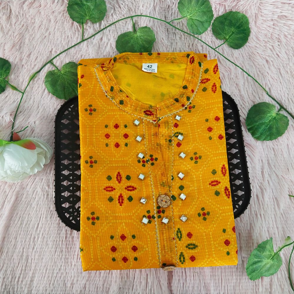 K69 Yellow Bandhini kurti