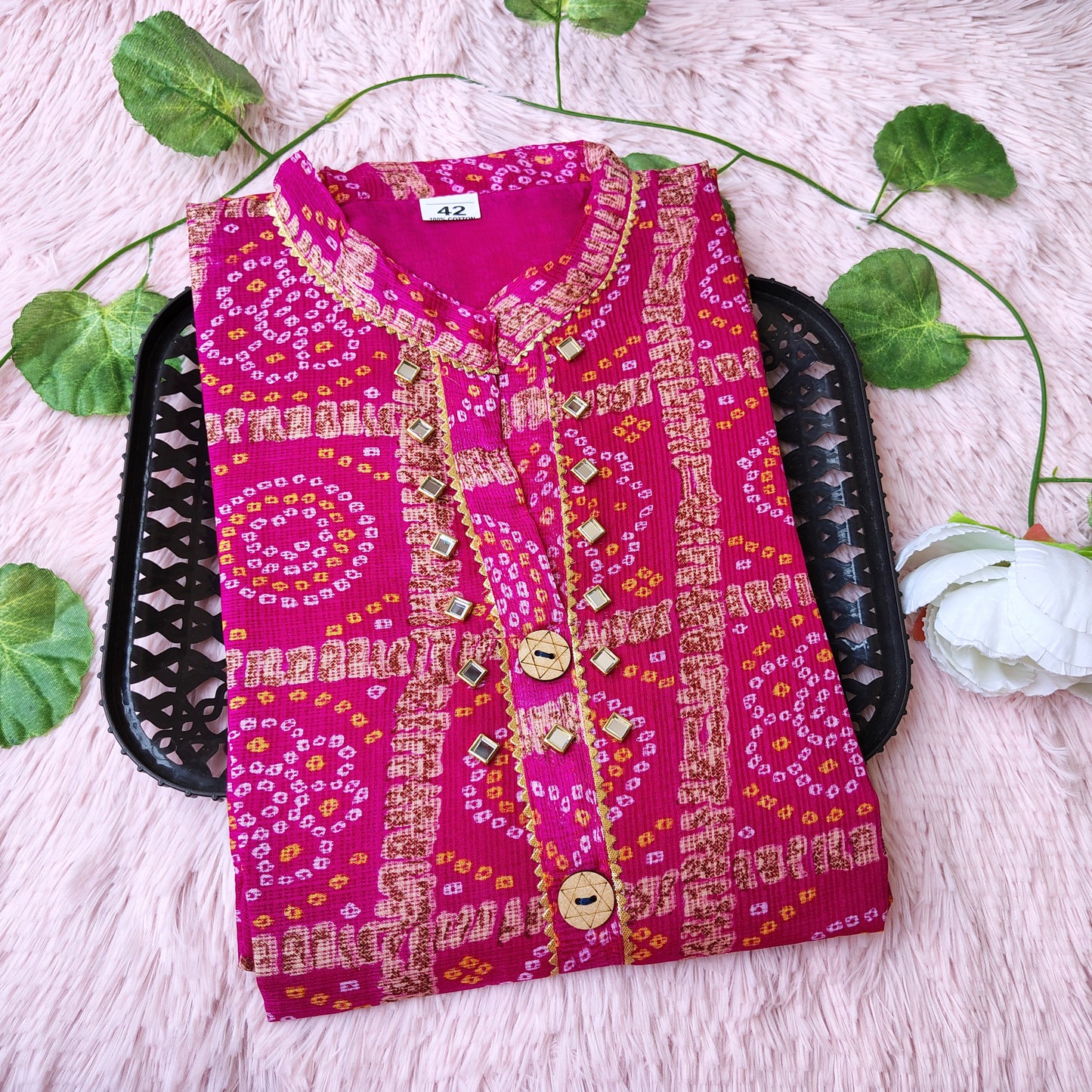 K0025 Rani pink checks bandhini kurti